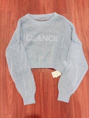 Ingni Blue Sheer Open Knit Cropped Sweater Oversized Long Sleeve NWT